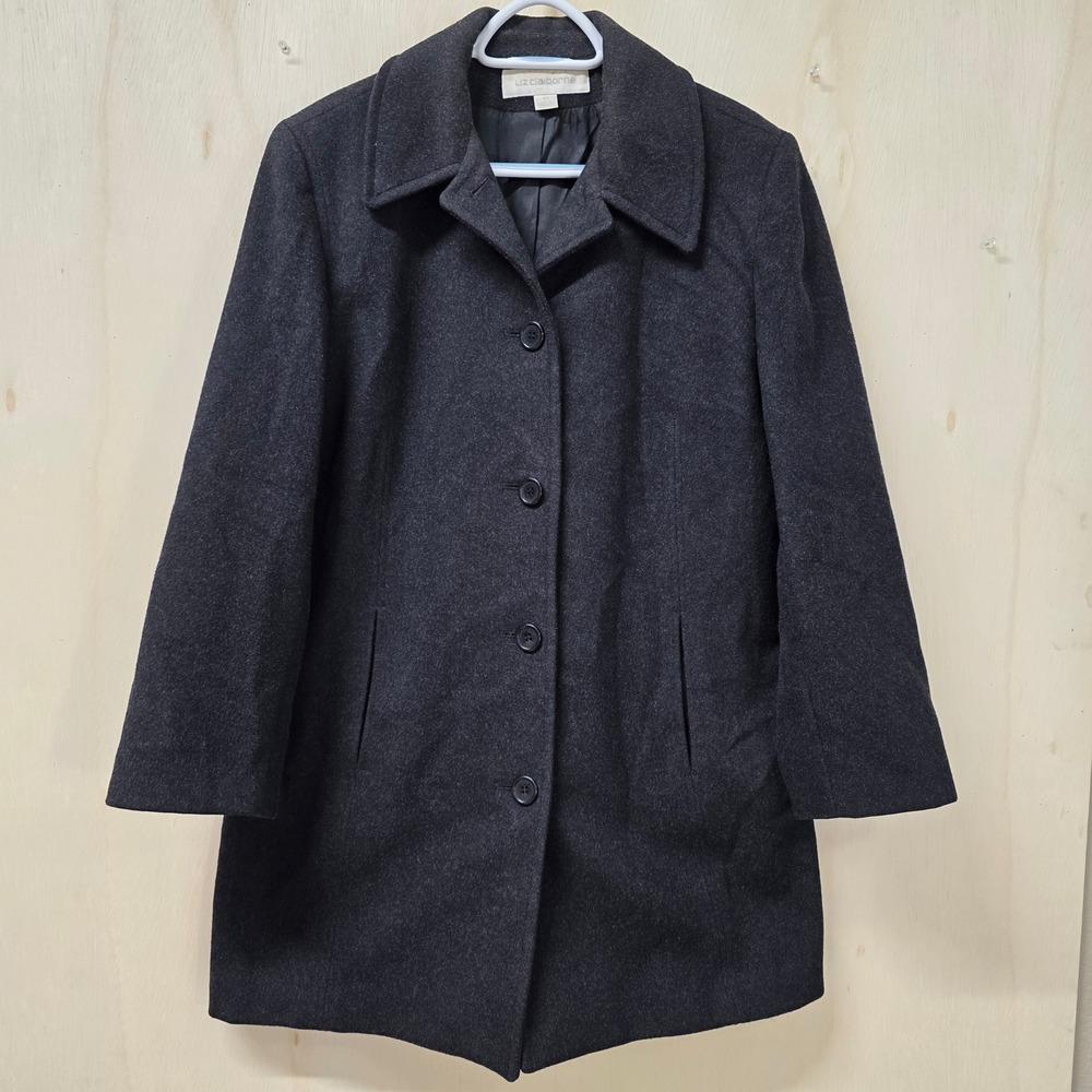 Liz Claiborne Womens Charcoal Gray Wool Blend Button Up Car Coat Jacket Size 10